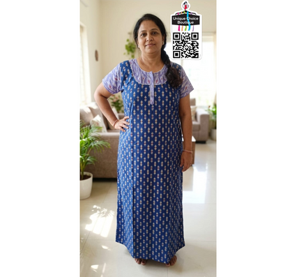 4XL Size-Plus Size-Pure Cotton Nighty - Navy blue and lavender