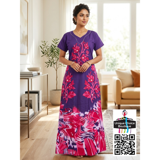 Premium Pure Cotton Nighty – Violet and Pink