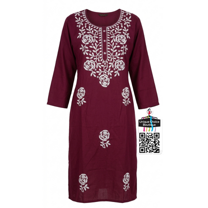 Lucknowi Chikankari Rayon Cotton Straight Kurti – Wine color - M / L Sizs