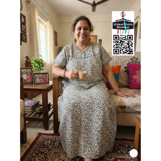 Jyothi Cotton Nighty Plus Size – Off-white (Cream) and black