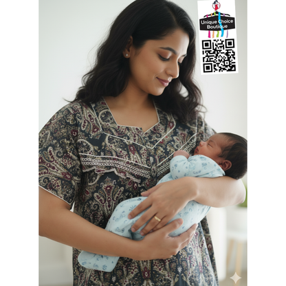 Cotton Feeding Nighty/ Maternity Dress with 3 Zips - Dark green - Free Size