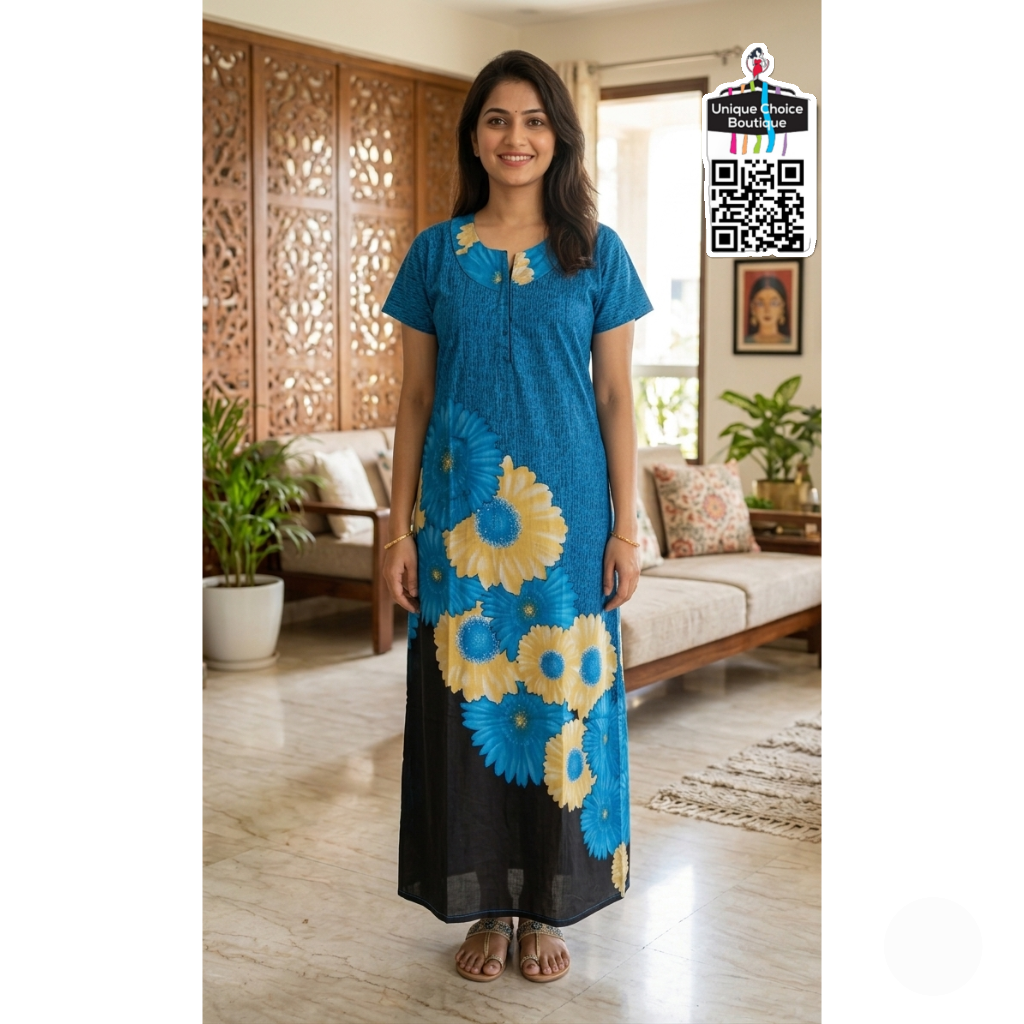 Premium Pure Cotton Nighty – Blue