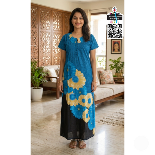 Premium Pure Cotton Nighty – Blue