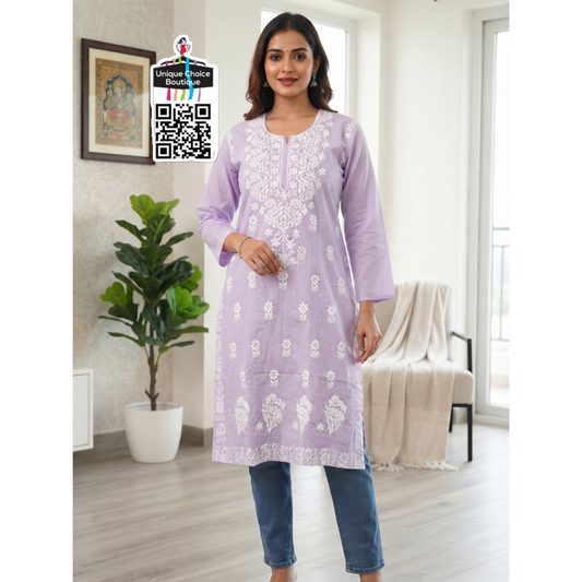 Lucknowi Chikankari Rayon Cotton Straight Kurti – Light Lavender - XL / XXL Size