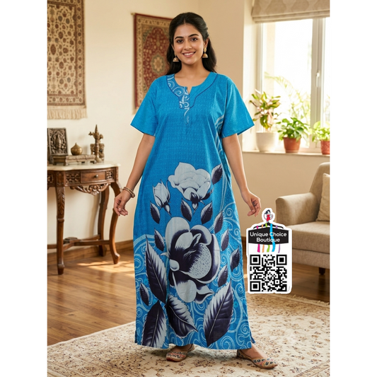 Premium Pure Cotton Nighty Zip Nighty – Blue Floral
