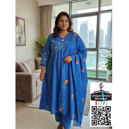 Premium Blue Cotton Anarkali 3-Piece Set Salwar Suits – Plus Size Floral Embroidered