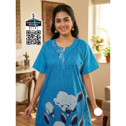 Premium Pure Cotton Nighty Zip Nighty – Blue Floral
