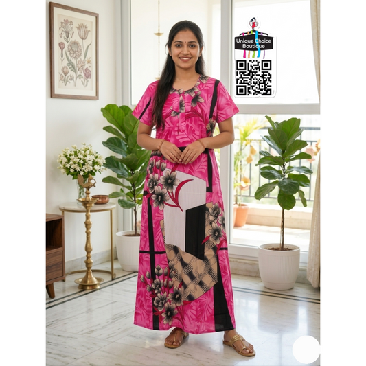 Premium Pure Cotton Nighty – Fuchsia Pink and White