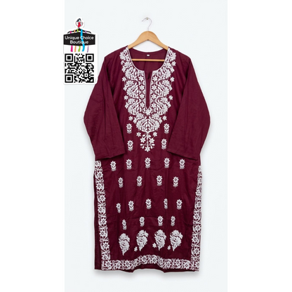 Lucknowi Chikankari Rayon Straight Kurti – Wine color-3XL / 4XL Size Plus Size