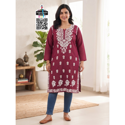 Lucknowi Chikankari Rayon Straight Kurti – Wine color-3XL / 4XL Size Plus Size