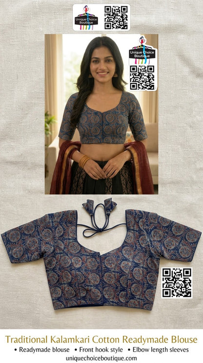 Readymade Pure Cotton Kalamkari Saree Blouse – Indigo Navy - Size 38/40/42/44
