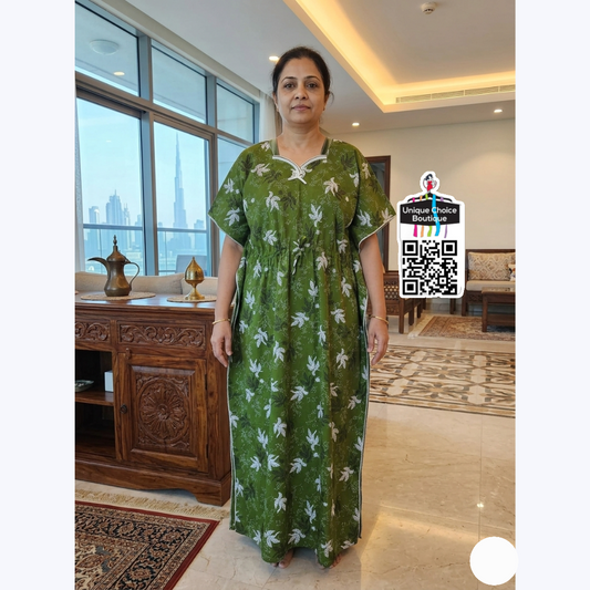 Luxurious Pure Cotton Kaftan Nighty – Olive Green Botanical Print