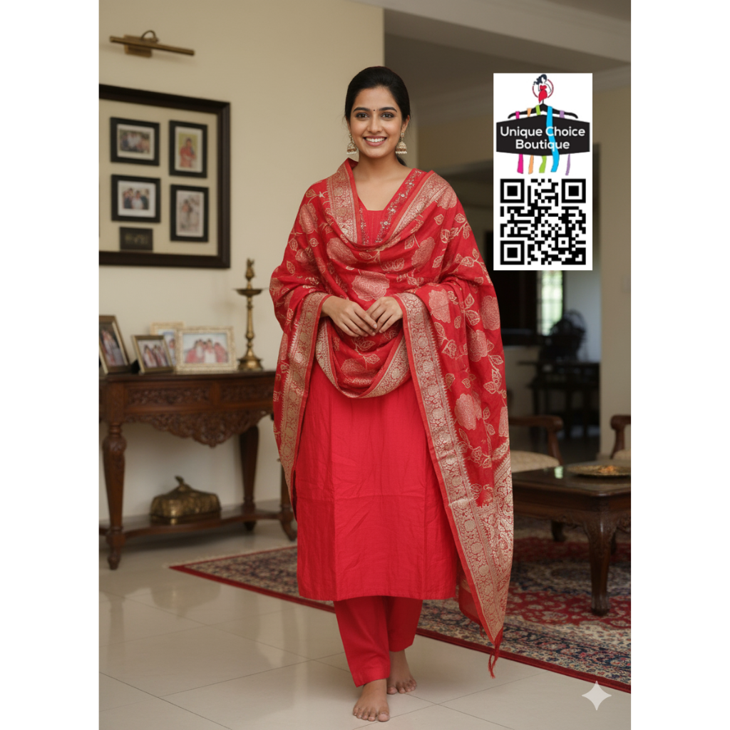 Elegant Red Silk Salwar Suit 3-Piece Set | Trendy V-Neck Design | Embroidered Sequins Handwork | Banarasi Dupatta