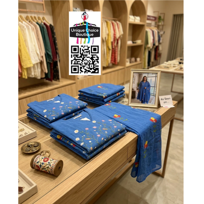 Premium Blue Cotton Anarkali 3-Piece Set Salwar Suits – Plus Size Floral Embroidered