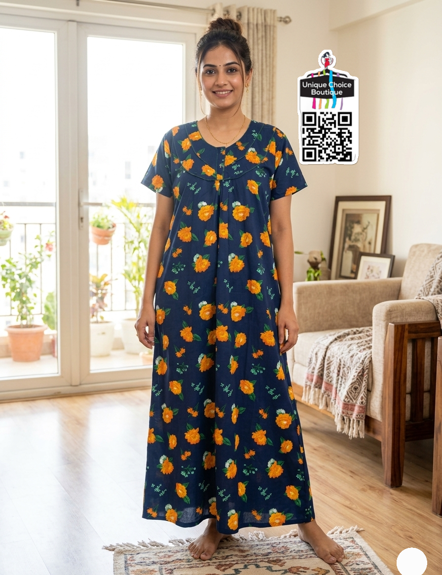 Jyothi Cotton Nighty – Navy Blue and Orange