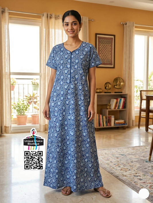 Jyothi Cotton Nighty – Navy Blue and white