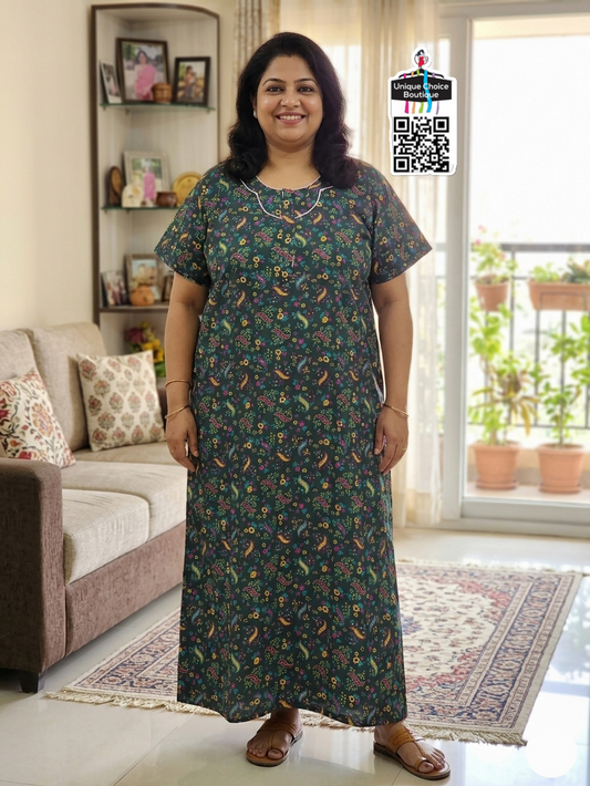 3XL Size-Plus Size-Cotton Nighty- Dark Green Paisley and Floral Printed