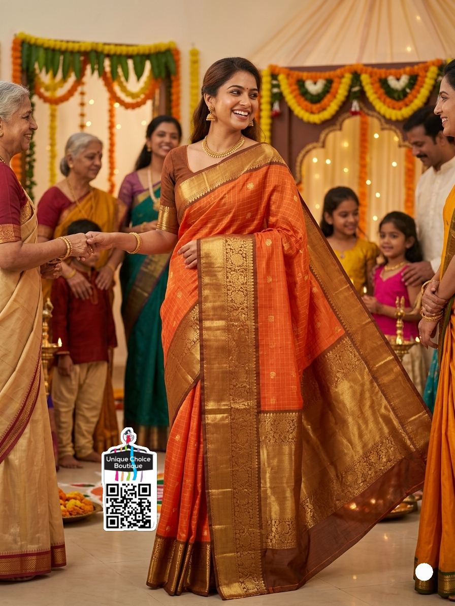 Insta Trending Rust Orange & Brown Soft Silk Saree – Elegant Festive Wear