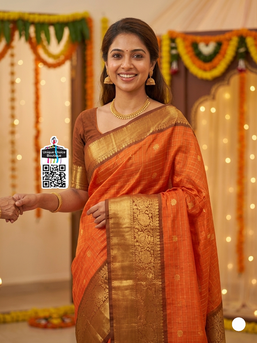 Insta Trending Rust Orange & Brown Soft Silk Saree – Elegant Festive Wear