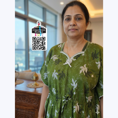 Luxurious Pure Cotton Kaftan Nighty – Olive Green Botanical Print