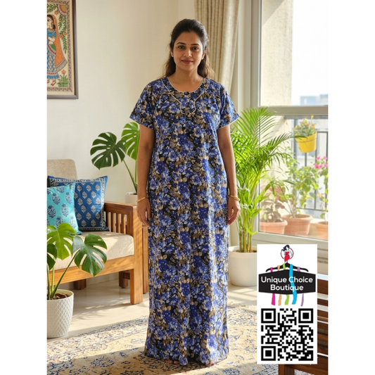 Premium Pure Cotton Nighty – Royal Blue Floral