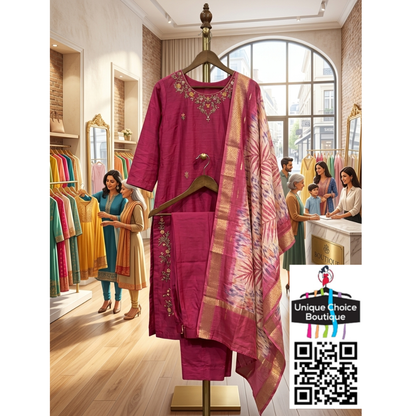 Royal Magenta Silk Cotton Embroidered 3-Piece Salwar Suit Set