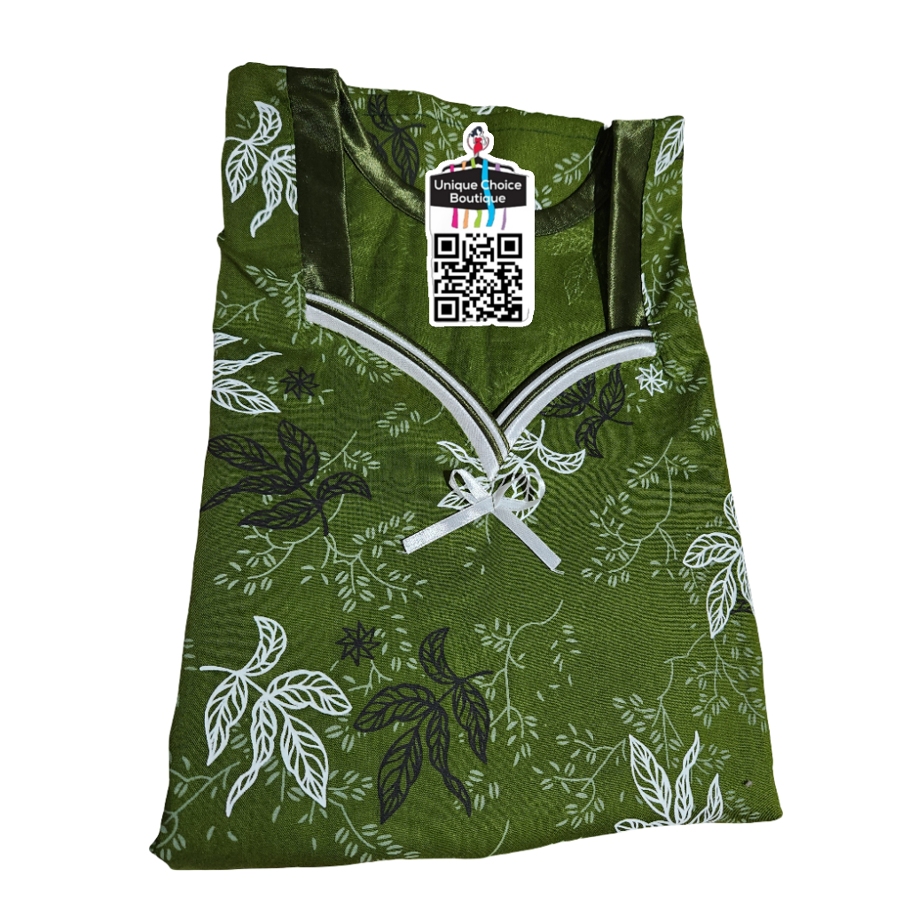 Luxurious Pure Cotton Kaftan Nighty – Olive Green Botanical Print