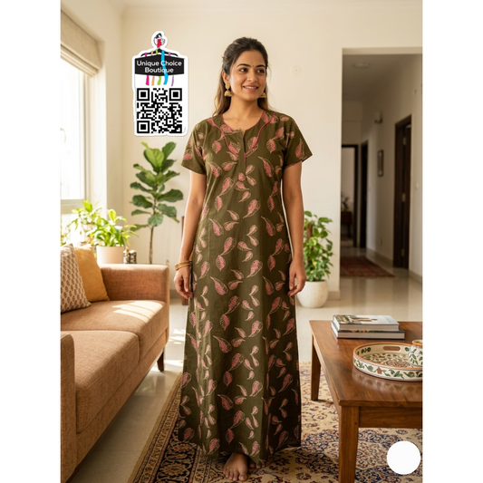 Premium Pure Cotton Nighty – Army Green and Pink