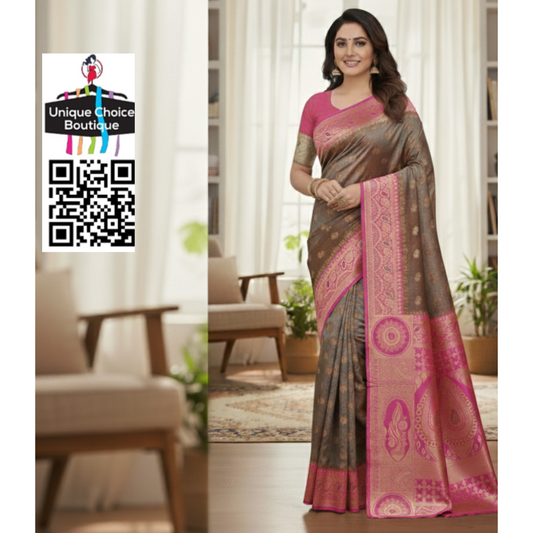 Budget Friendly Banarasi Silk Saree Grey/Chocolate Brown Dual Shade with Pink border