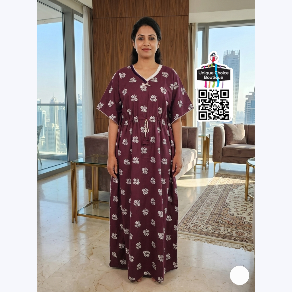 Luxurious Pure Cotton Kaftan Nighty – Burgundy and white floral print