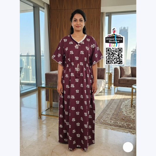 Luxurious Pure Cotton Kaftan Nighty – Burgundy and white floral print