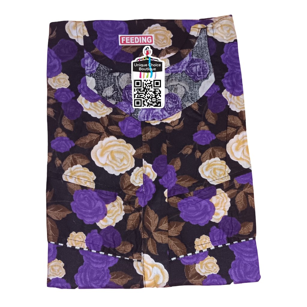 Cotton Feeding Nighty/ Maternity Dress with 3 Zips| Violet Floral | Free Size