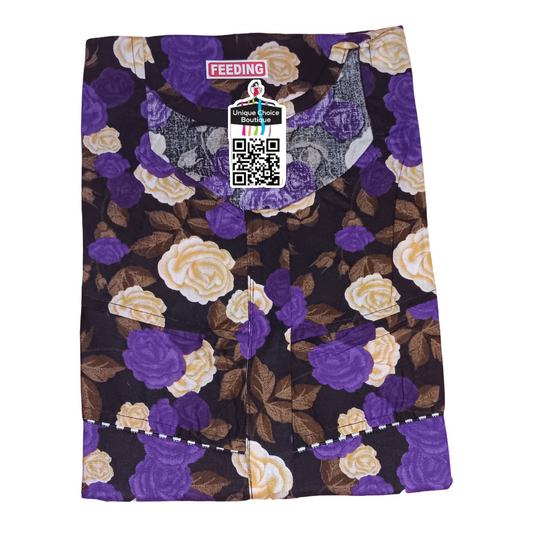 Cotton Feeding Nighty/ Maternity Dress with 3 Zips| Violet Floral | Free Size