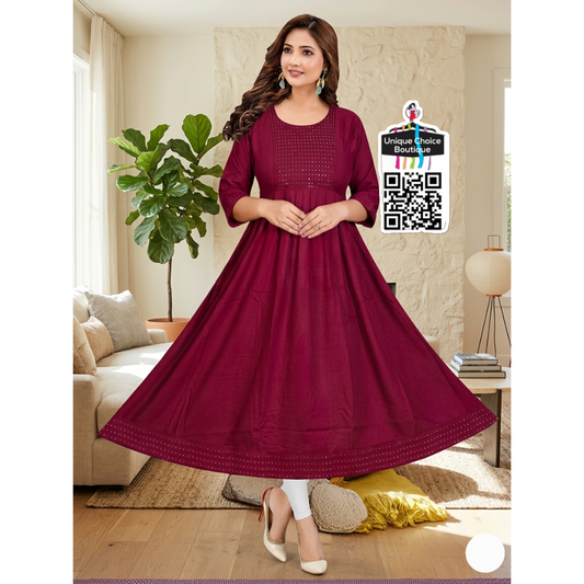 Deep Maroon Sequin-Embellished Anarkali Kurti Flared gown