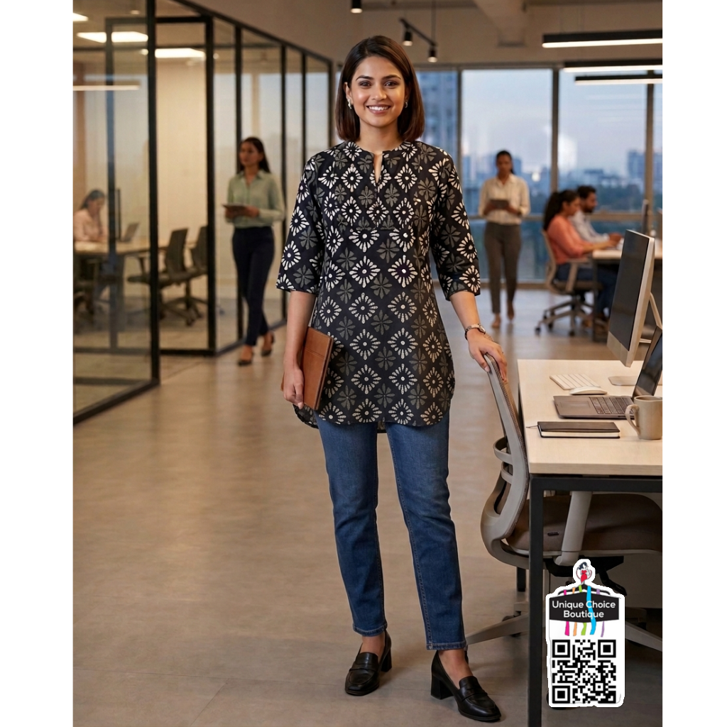Premium Printed Rayon Short Kurti Black