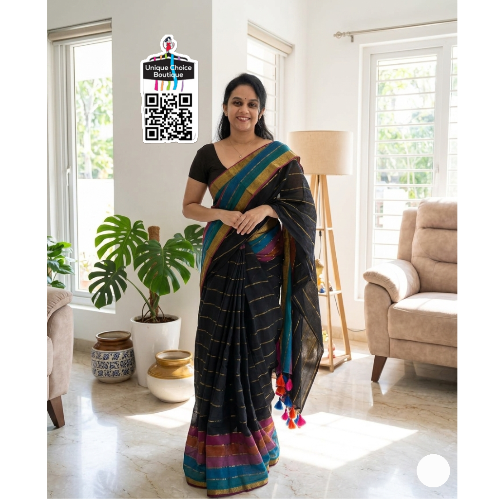 Black Zari Striped Pure Khadi Cotton Saree