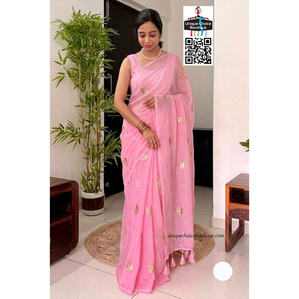 Pure Mul Mul Cotton Sequin Work Saree - Pink
