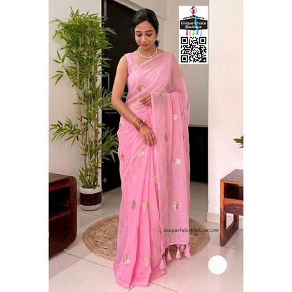 Pure Mul Mul Cotton Sequin Work Saree - Pink