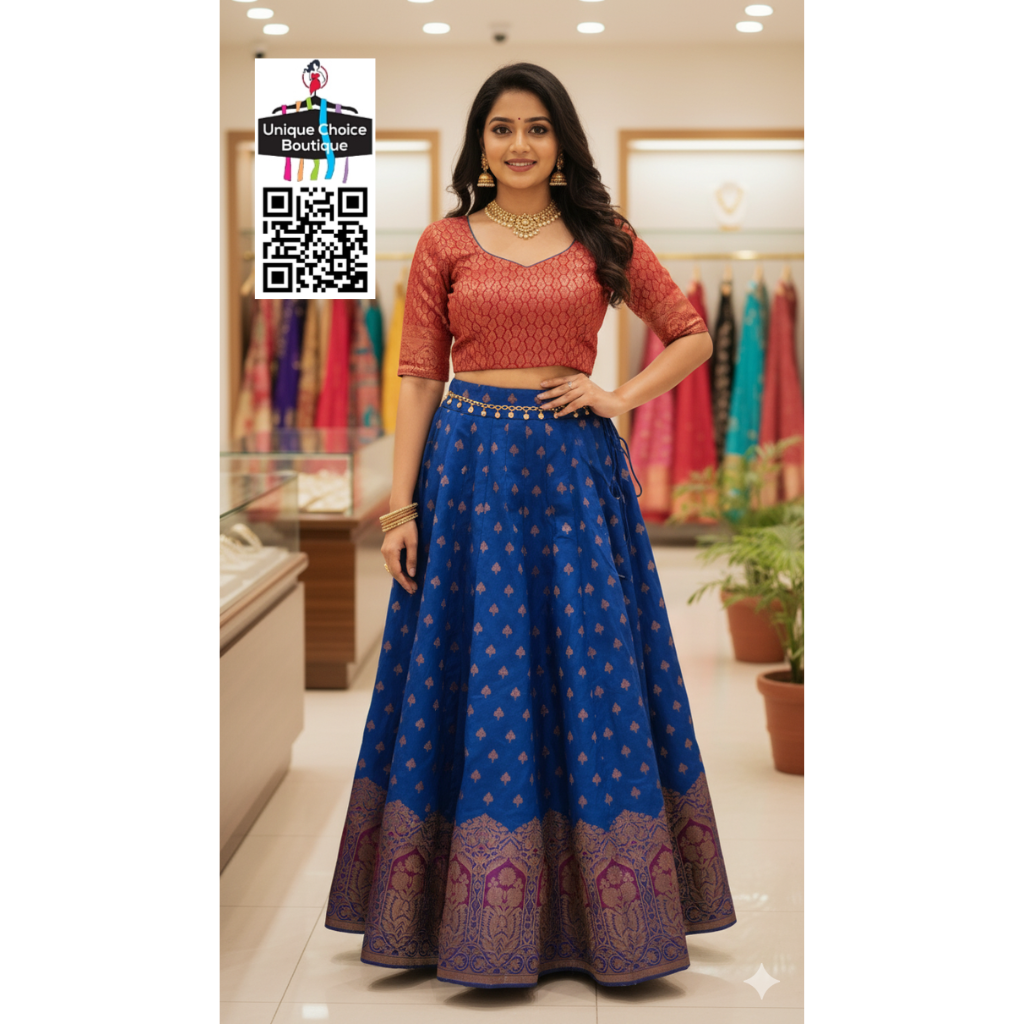 Rudra Silk Half Saree Set - Royal Blue & Fiery Red Brocade