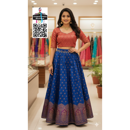 Rudra Silk Half Saree Set - Royal Blue & Fiery Red Brocade