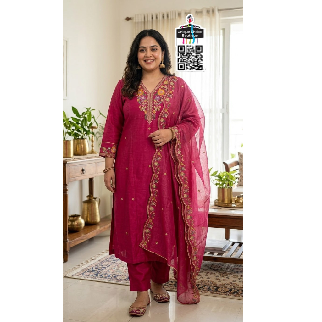 Exclusive Chanderi Silk Anarkali 3-Piece Salwar Suit Set- Plus Size – Festival New Arrival- Rani Pink
