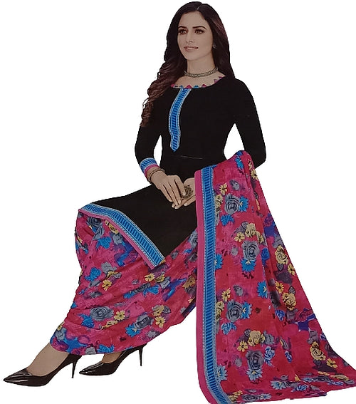 Unstitched Salwar Suit Material, Churidar Dress Material, Cotton Print, Black Top with Magenta Floral Print