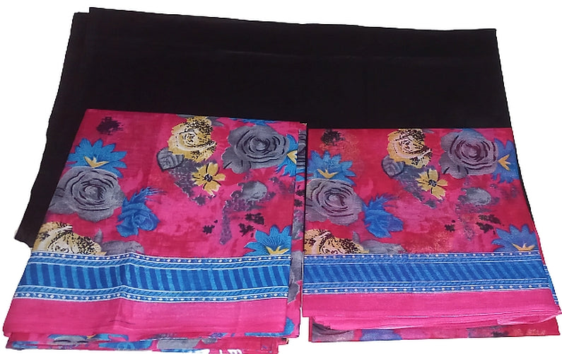 Unstitched Salwar Suit Material, Churidar Dress Material, Cotton Print, Black Top with Magenta Floral Print