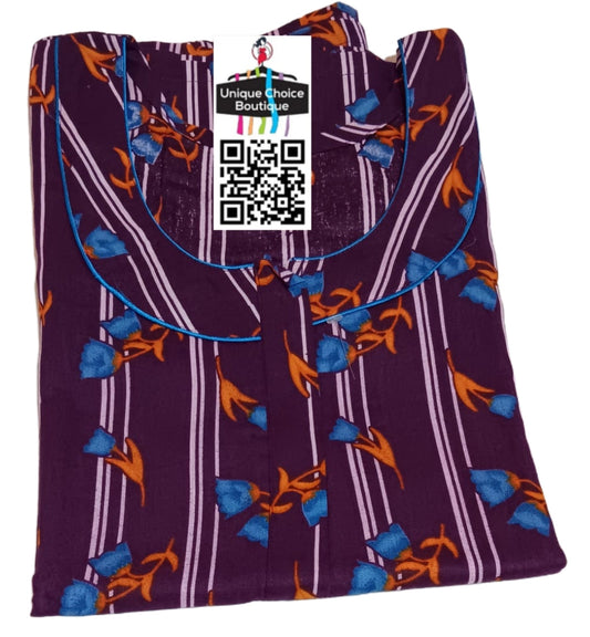 3XL Size-Plus Size-Pure Cotton Nighty, Nightgown, Zip Nighty-Violet-Floral