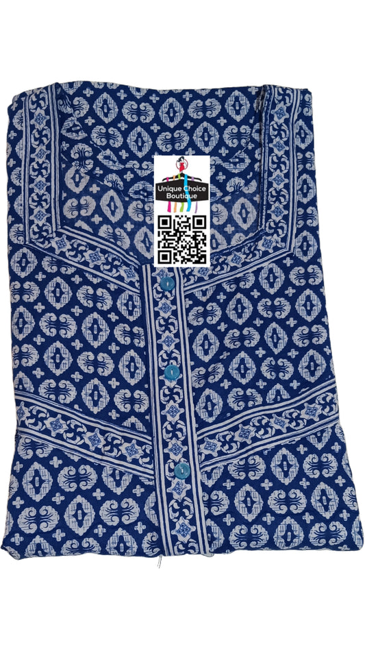 Comfortable Cotton Nighty, Nightgown- Plus Size-Blue and White