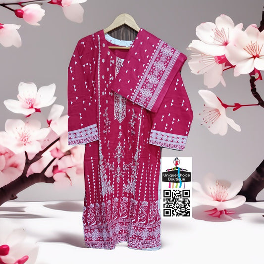 Stitched 3pc Salwar Suits - Printed Lawn Suits- Salwar Kameez-Pink and white-Kurti Sets