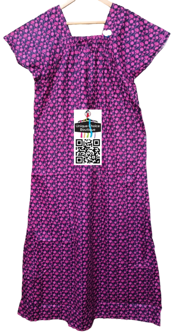 Elastic Neck Pure Cotton Nighty, No zip Nighty, Free Size/XXL Size, Black with Pink Print