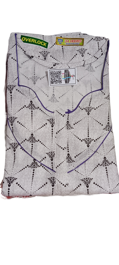 3XL Size-Plus Size-Pure Cotton Nighty, Nightgown, Zip Nighty-White/Grey