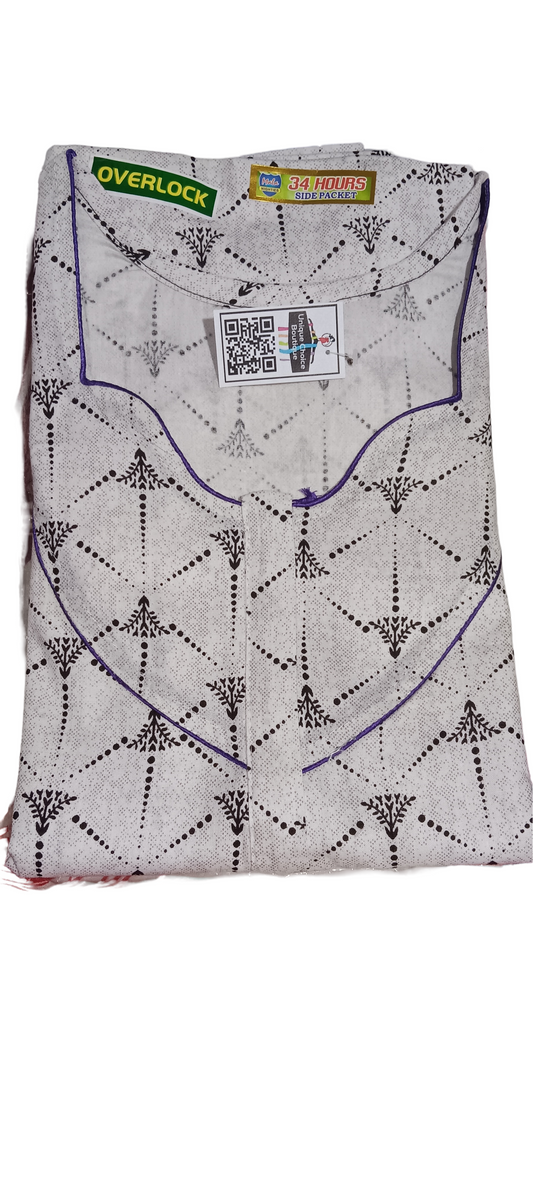 3XL Size-Plus Size-Pure Cotton Nighty, Nightgown, Zip Nighty-White/Grey