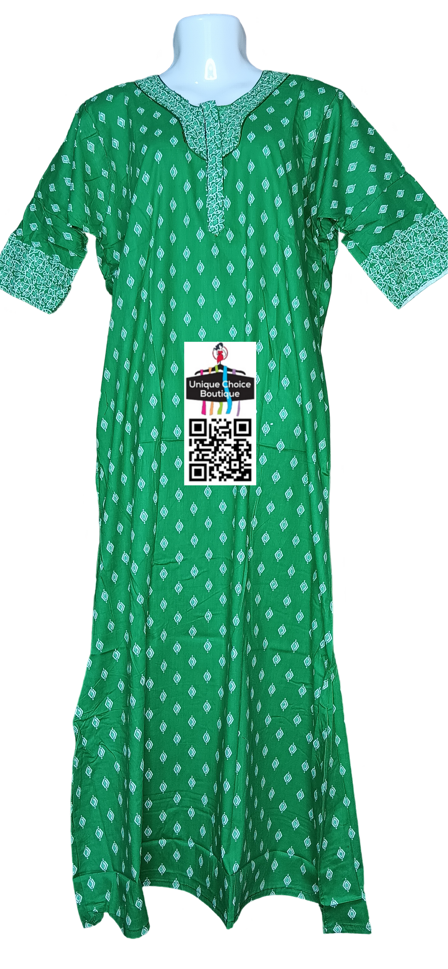 UNIQUE CHOICE 3/4 th Long Sleeves Cotton Nighty, Nightgown-Green and White Printed, Zip Nighty